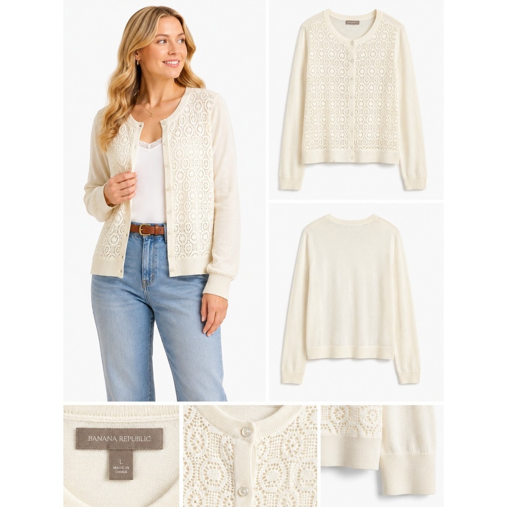 Banana Republic Cardigan L Eyelet Lace Front Cottagecore Shabby Chic Romantic